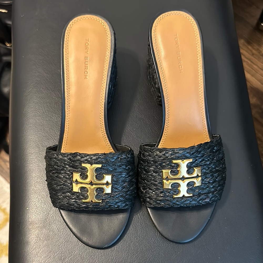 Tory Burch Black and Gold Mules with Signature Logo